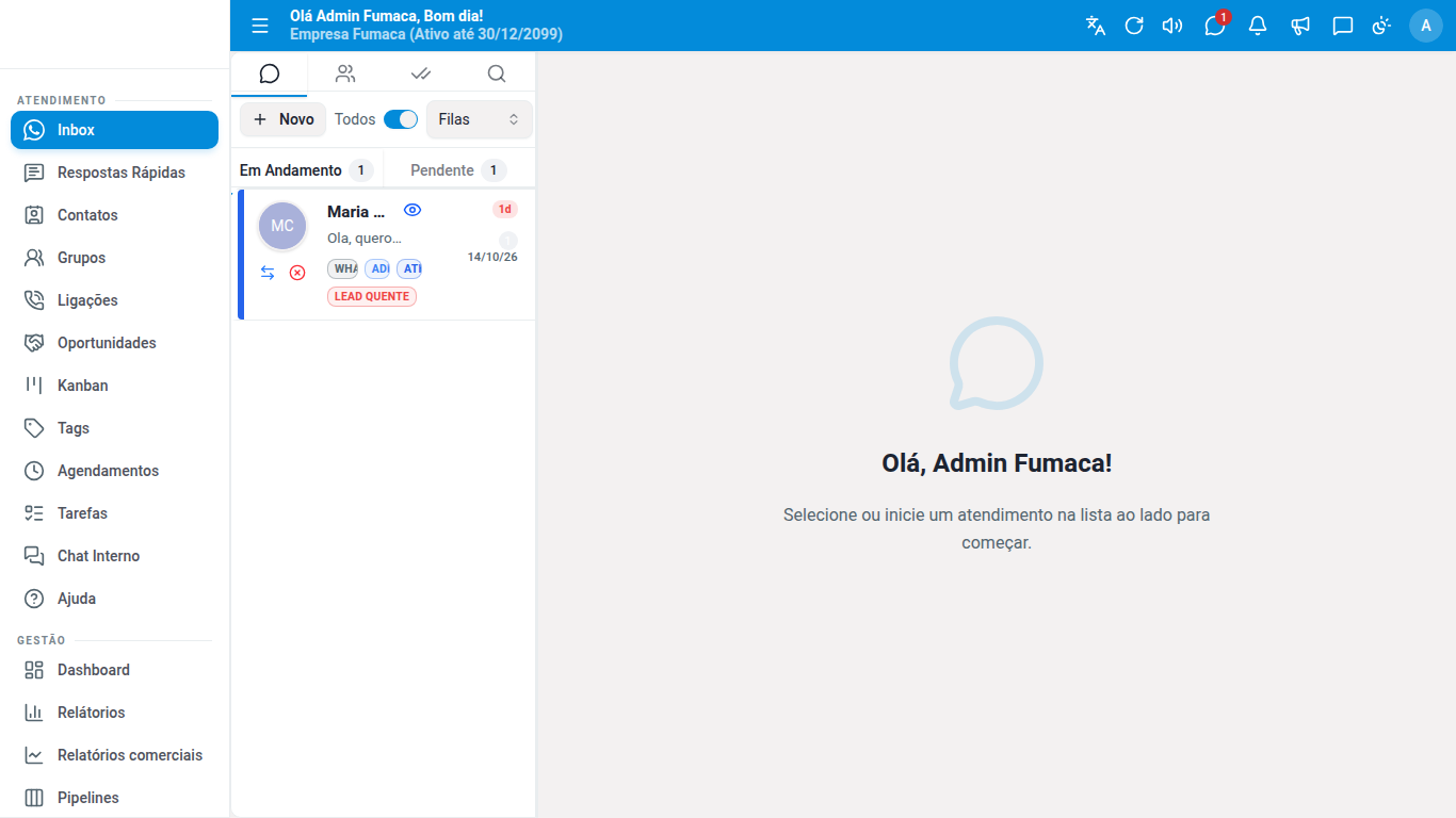 Inbox com a lista de atendimentos à esquerda e a área da conversa à direita