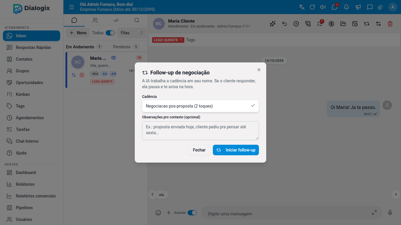 Inscrição pelo atendimento: cadência escolhida e o botão Iniciar follow-up