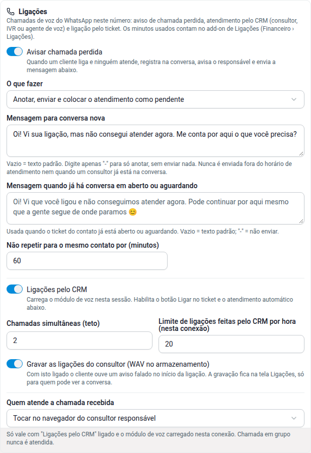 Seção Ligações do canal: chamada perdida, Ligações pelo CRM, gravação e quem atende a chamada recebida