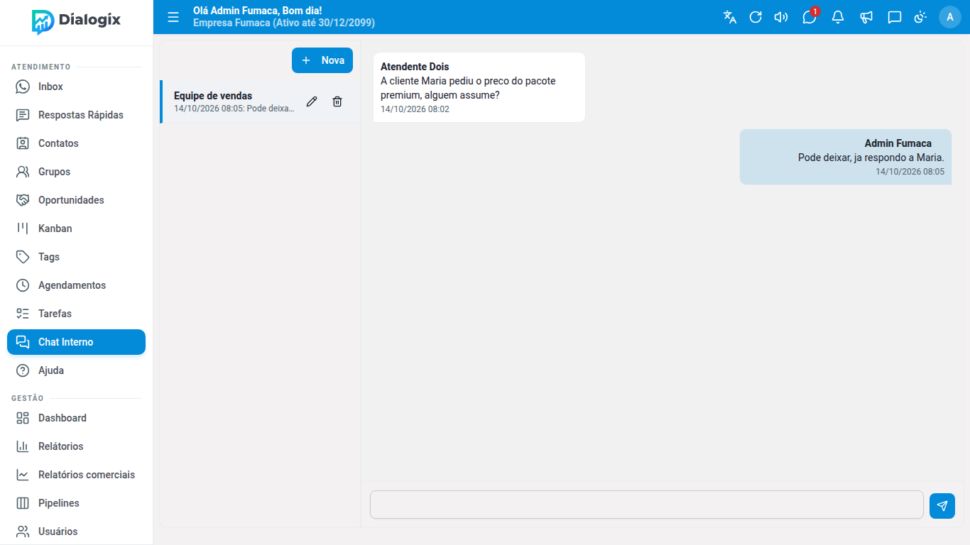 Chat Interno com uma conversa da equipe aberta