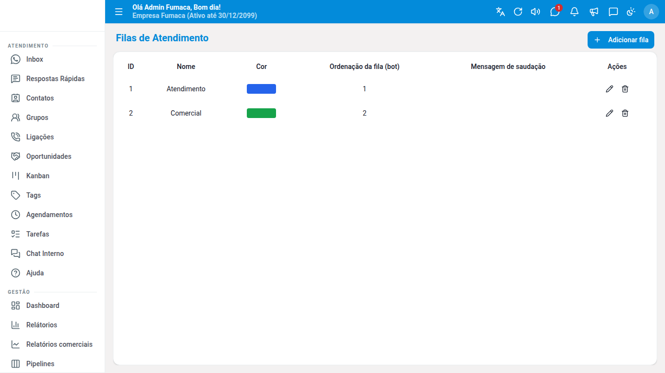 Filas de Atendimento com duas filas cadastradas, cor e ordem