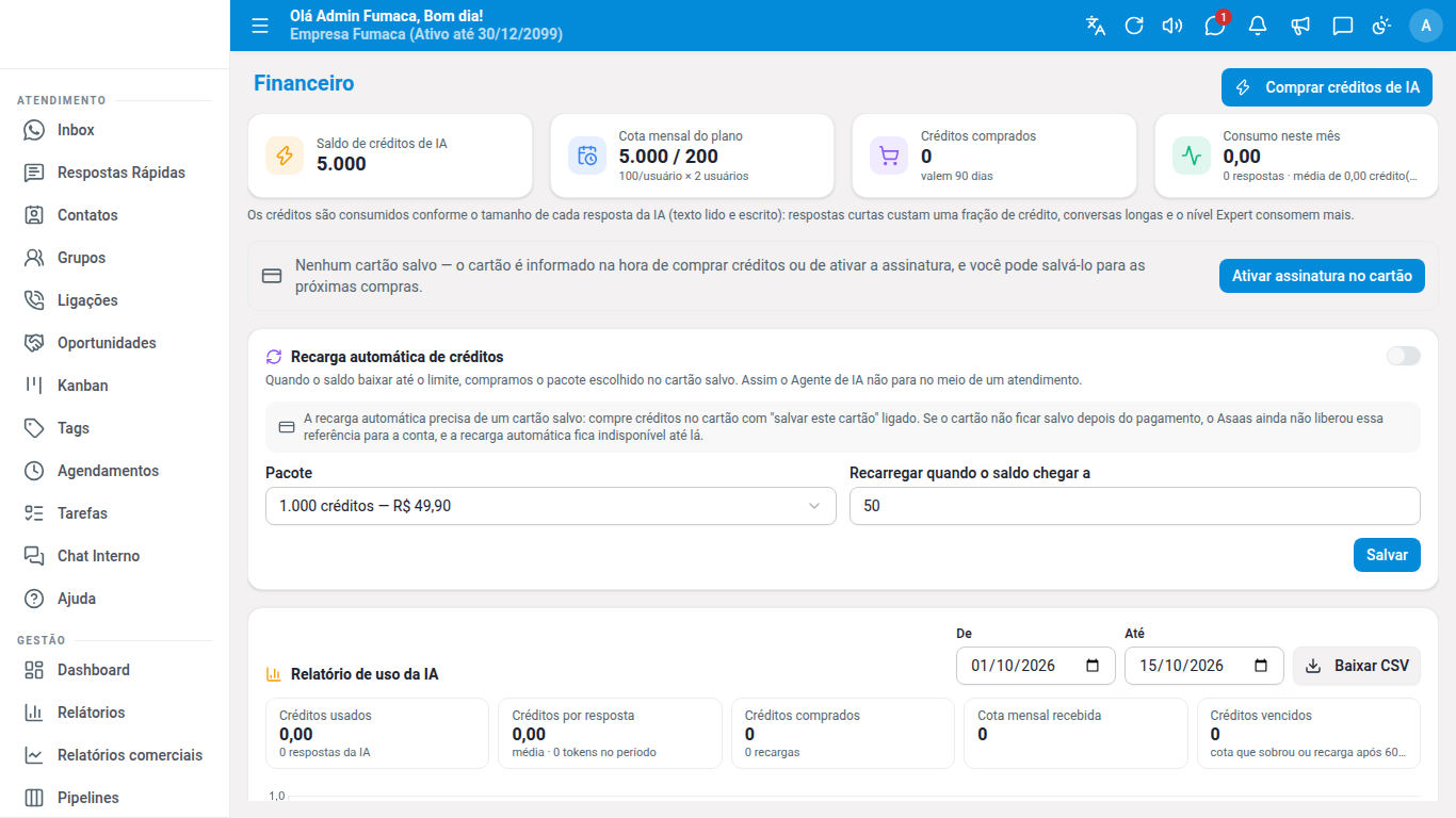 Financeiro com saldo de créditos de IA, cota do plano, recarga automática e relatório de uso