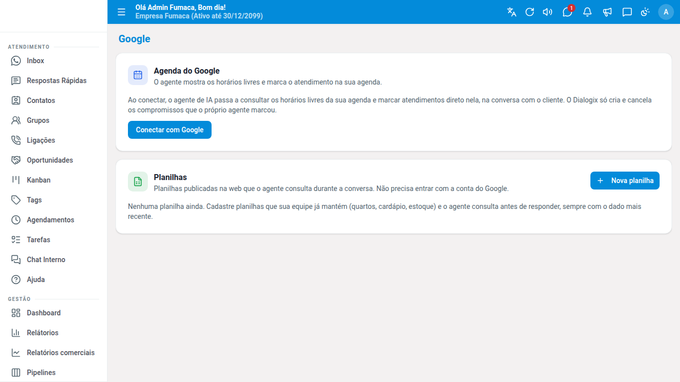 Tela Google com a Agenda do Google e as Planilhas
