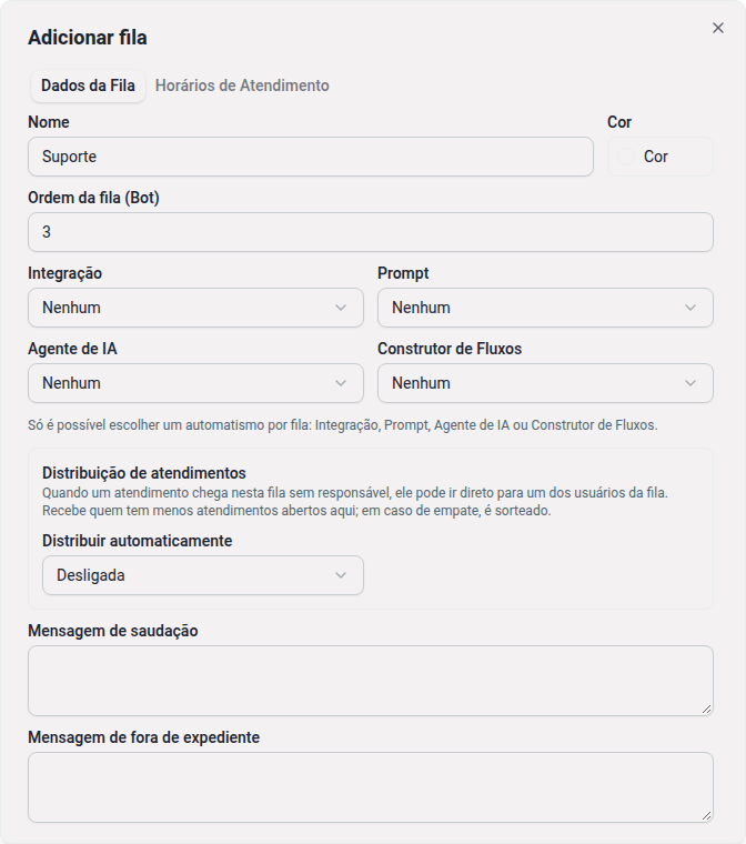 Janela Adicionar fila, aba Dados da Fila