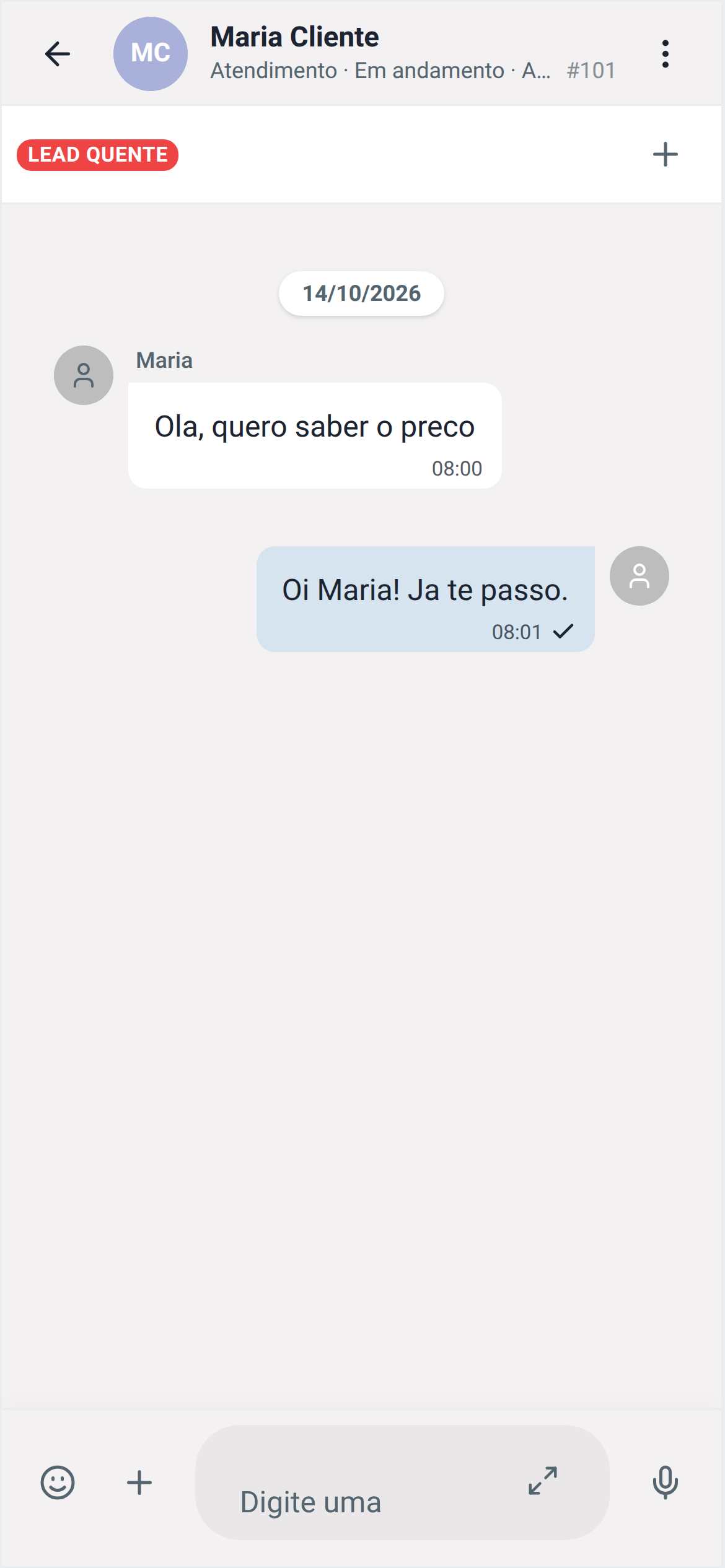 Conversa aberta no celular: ações no botão ⋮ do cabeçalho e campo de mensagem embaixo