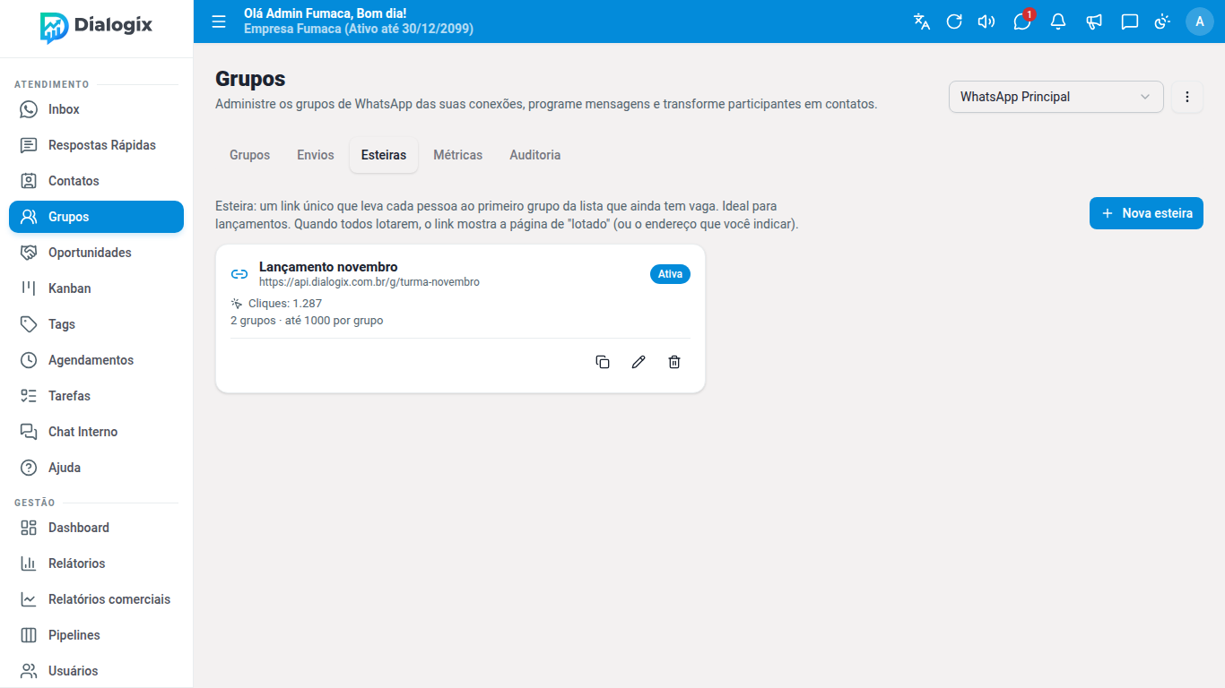 Aba Esteiras com uma esteira ativa, o link público e o botão de copiar