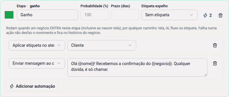 Etapa Ganho com duas automações: aplicar etiqueta e enviar mensagem