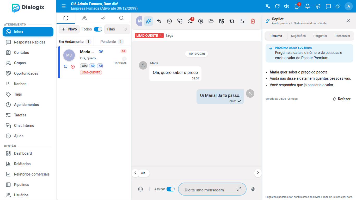 Copilot aberto ao lado da conversa, na aba Resumo, com a próxima ação sugerida